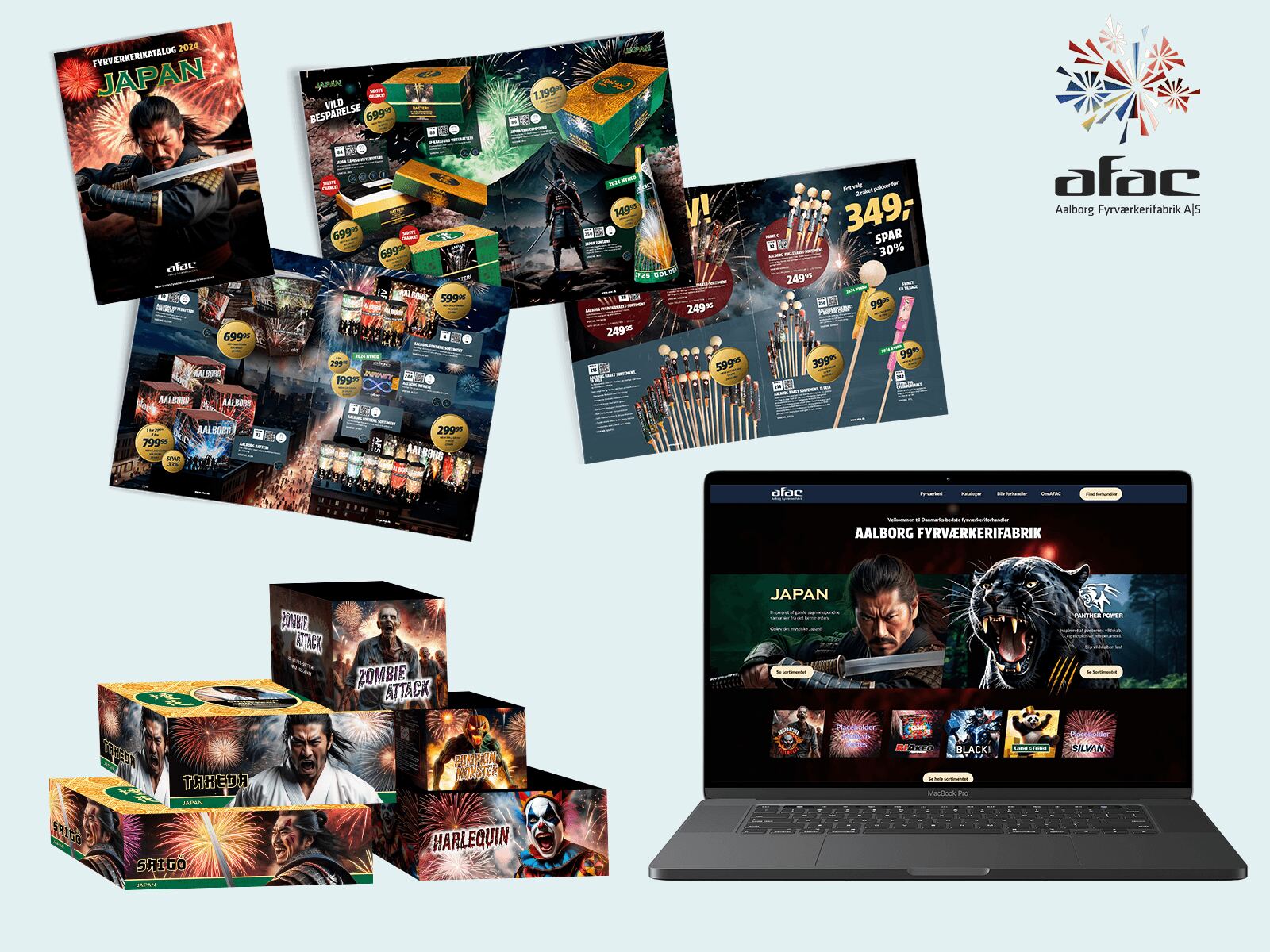 Aalborg Fyrværkerifabrik AFAC case – brand-univers, AI-genererede visuals, emballagegrafik og webdesign