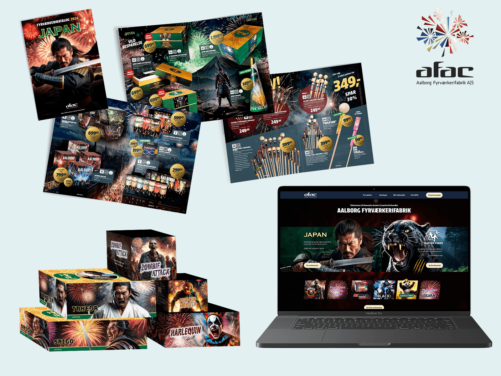 Aalborg Fyrværkerifabrik AFAC case – brand universe, AI-generated visuals, packaging graphics and web design