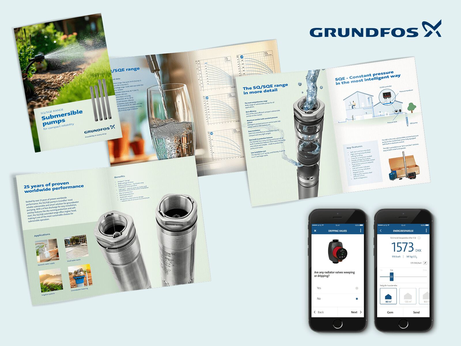 Grundfos case – grafisk design af brochurer, SoMe-grafik, PowerPoint og app UI/UX af Velgjort Grafisk